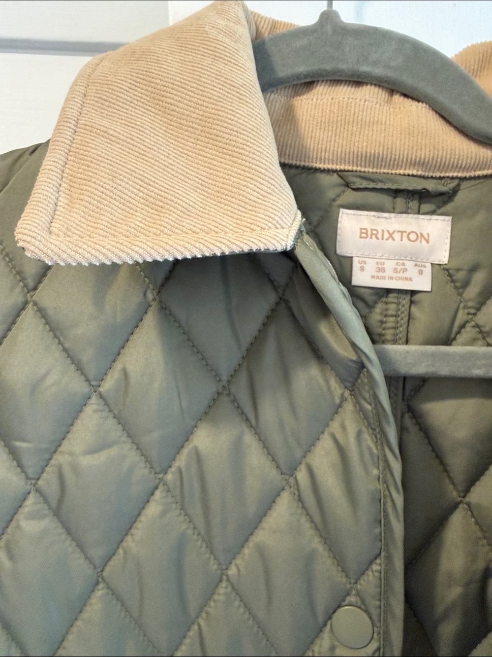 Brixton Olive Quilted Diamond-Stitch Jacket with Tan Corduroy Collar - Picture 5 of 5